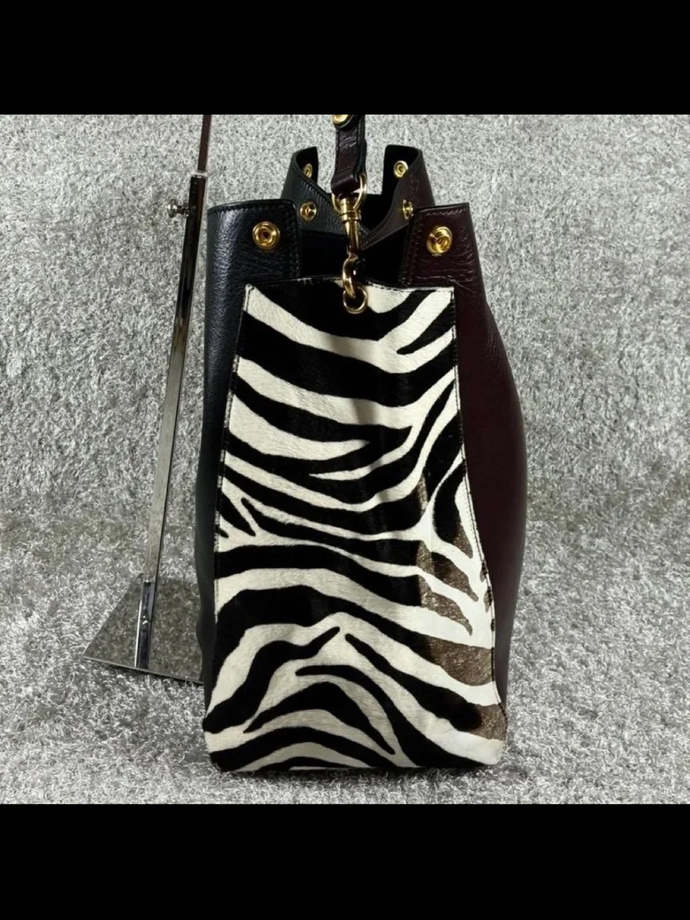 Mulberry Black Leather Shoulder Bag with Zebra-Print Panels